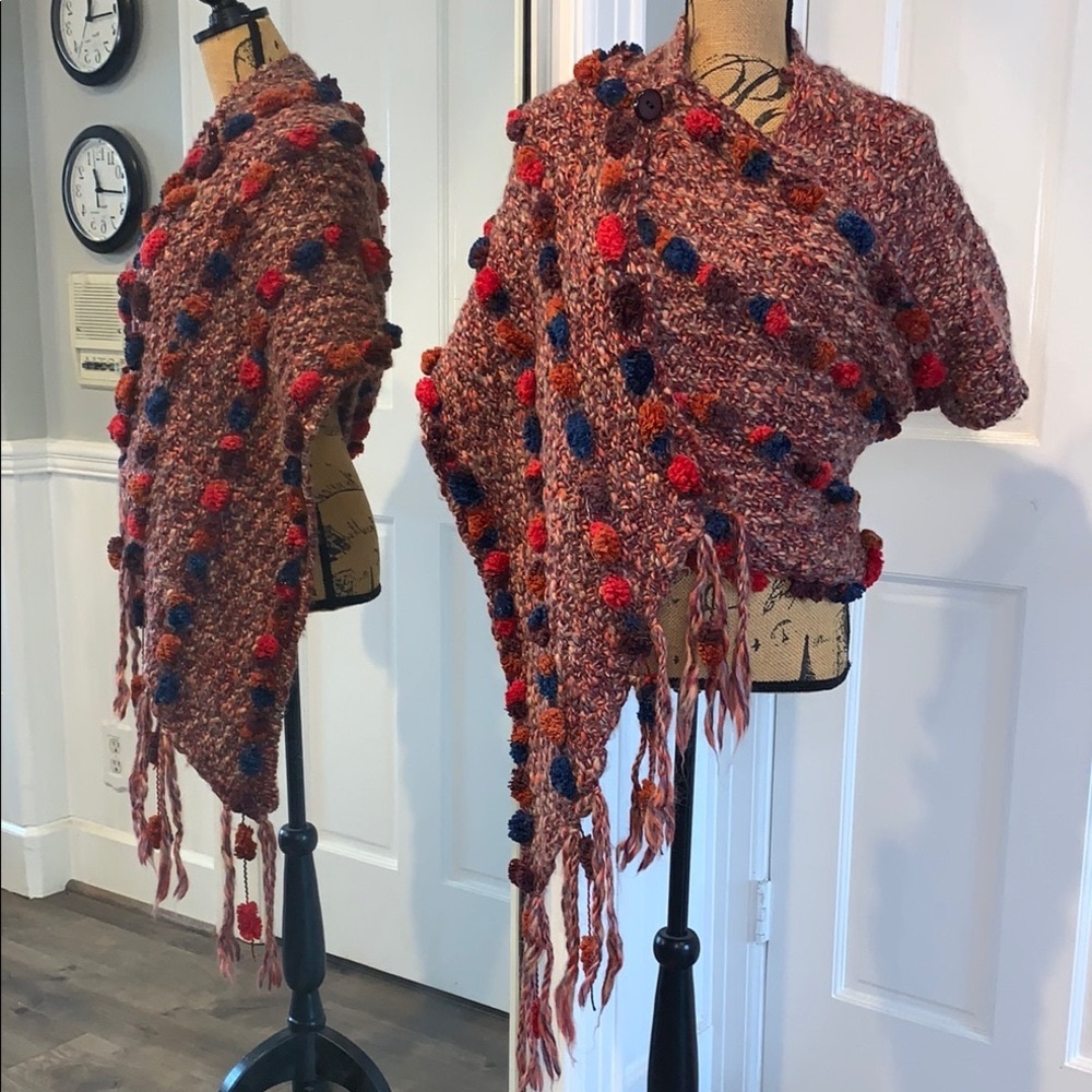 Anthropologie Hand Knit by Dollie Multi Color Pom Shrug Wrap Sweater Scarf XS/S